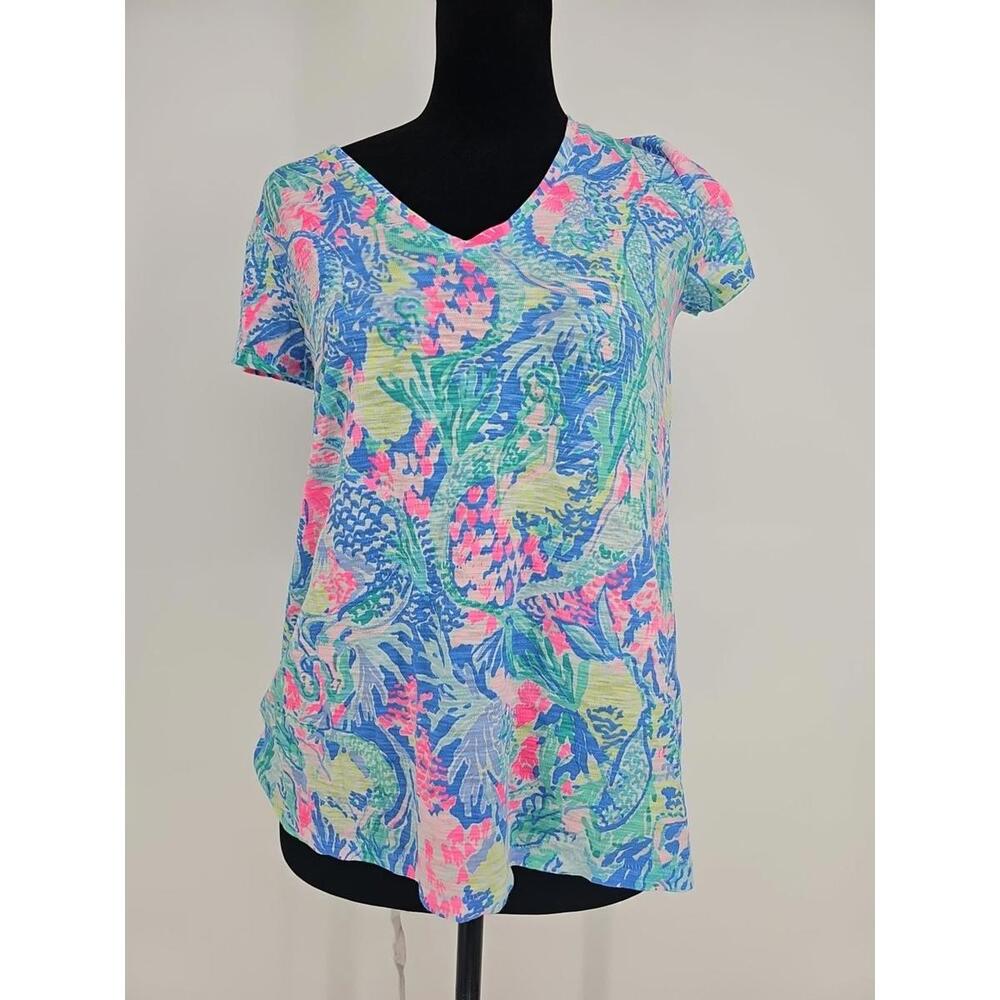 Lilly Pulitzer Etta V-Neck Top XS Short Sleeve Coral Bay Mermaid